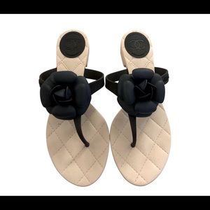 Chanel Camellia  White & Black Flip Flop Sandals